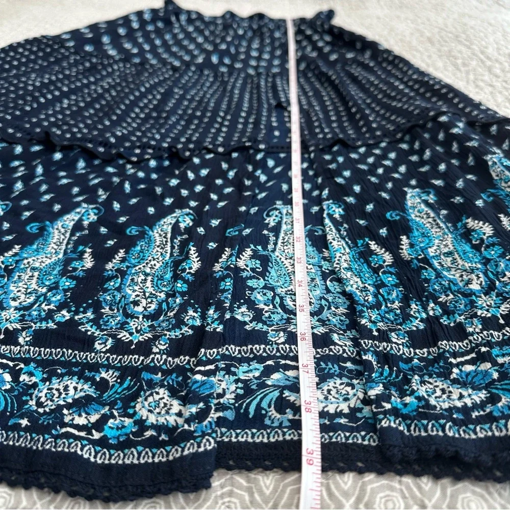 NEW! BILA Nola Tiered Maxi Skirt Boho Indian Block Print Blue Paisley Size L
